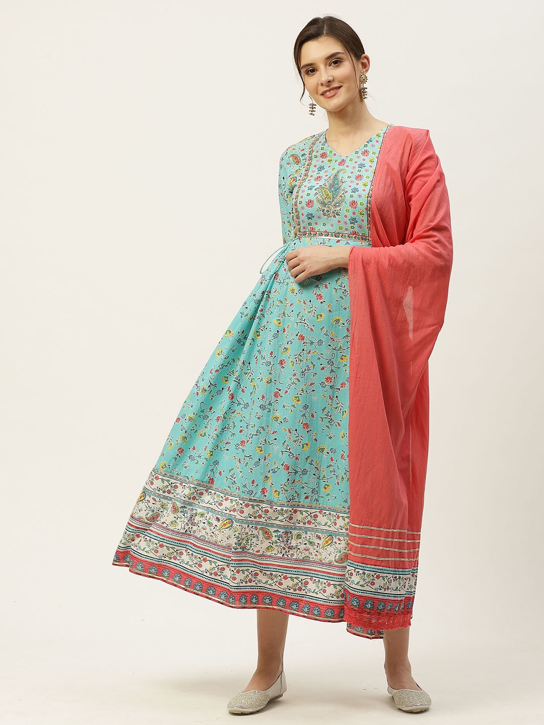 

Juniper Floral Ethnic A-line Dress With Matching Dupatta & Scrunchie, Blue