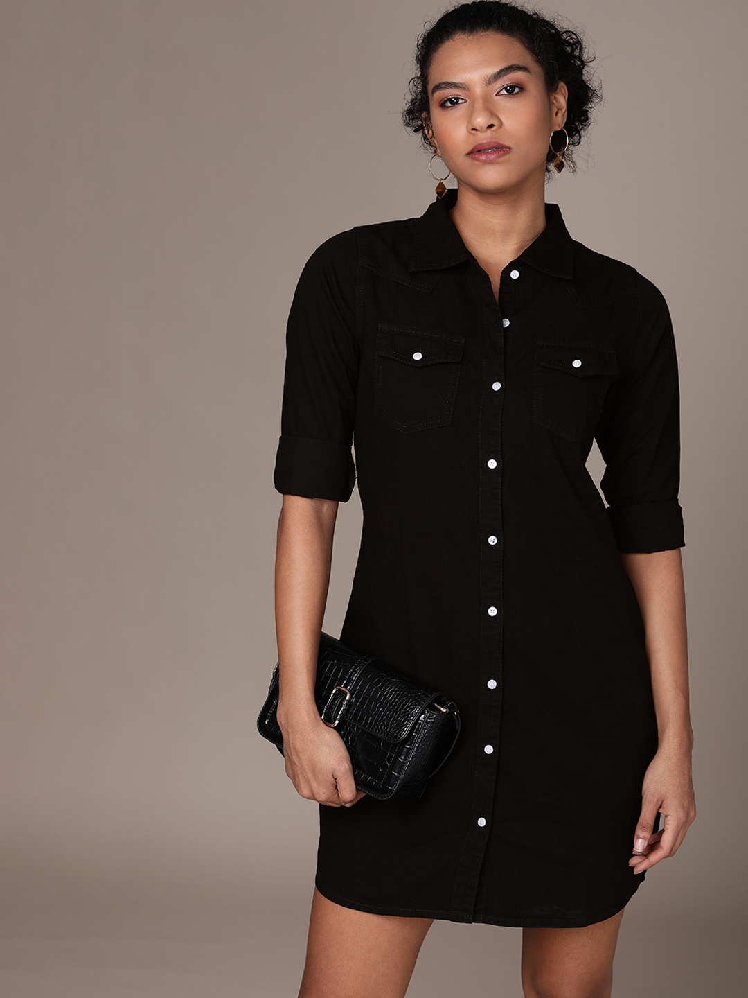

High Star Women Black Solid Shirt Dress