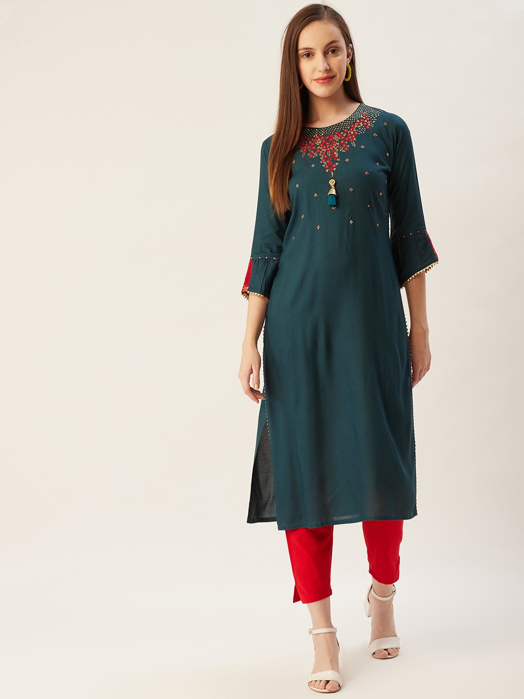 

FASHOR Women Teal Green Yoke Design Floral Kurta