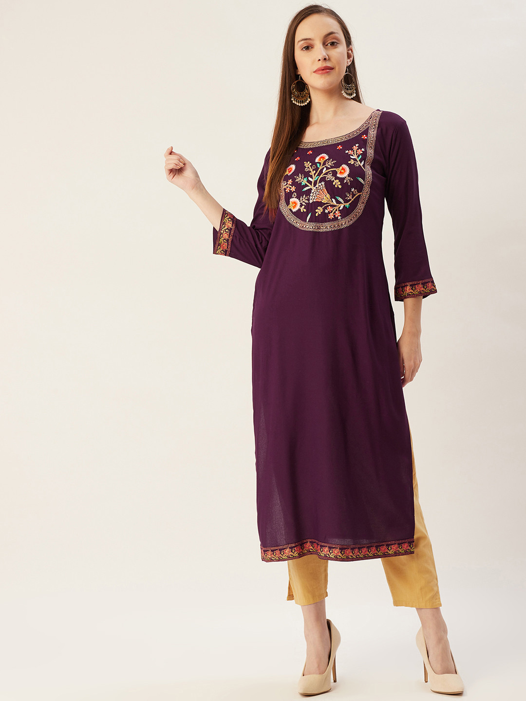 

FASHOR Women Aubergine Floral Zari Embroidered Yoke Design Floral Kurta, Purple