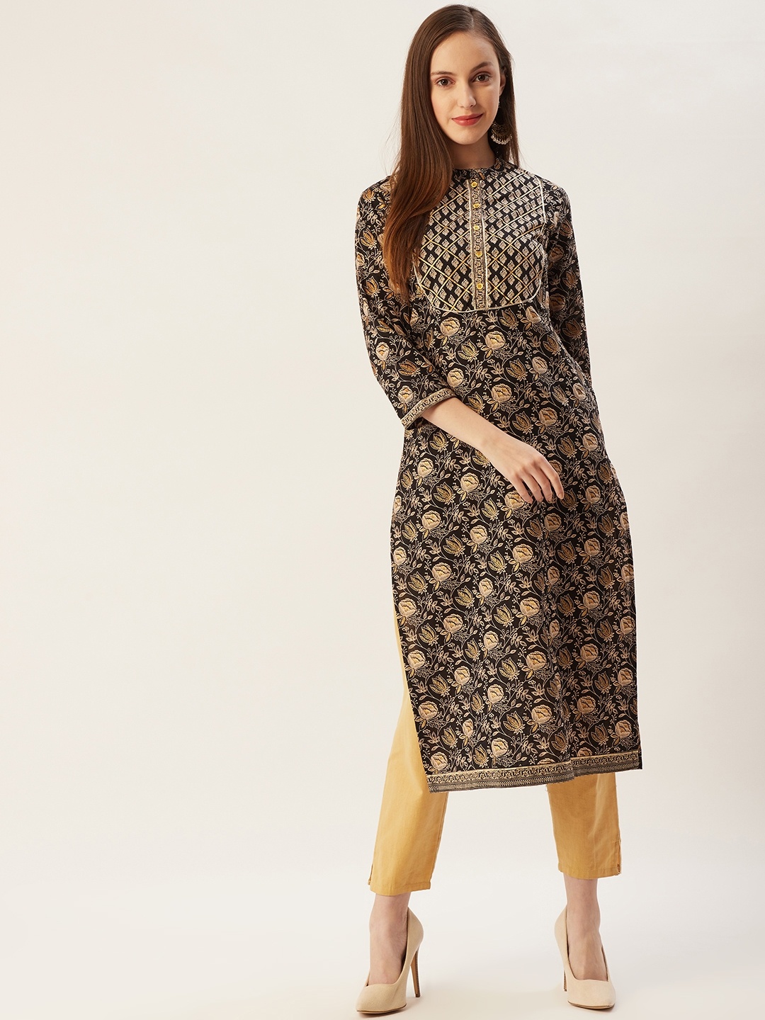 

FASHOR Women Black & Beige Floral Printed Pure Cotton Straight Kurta