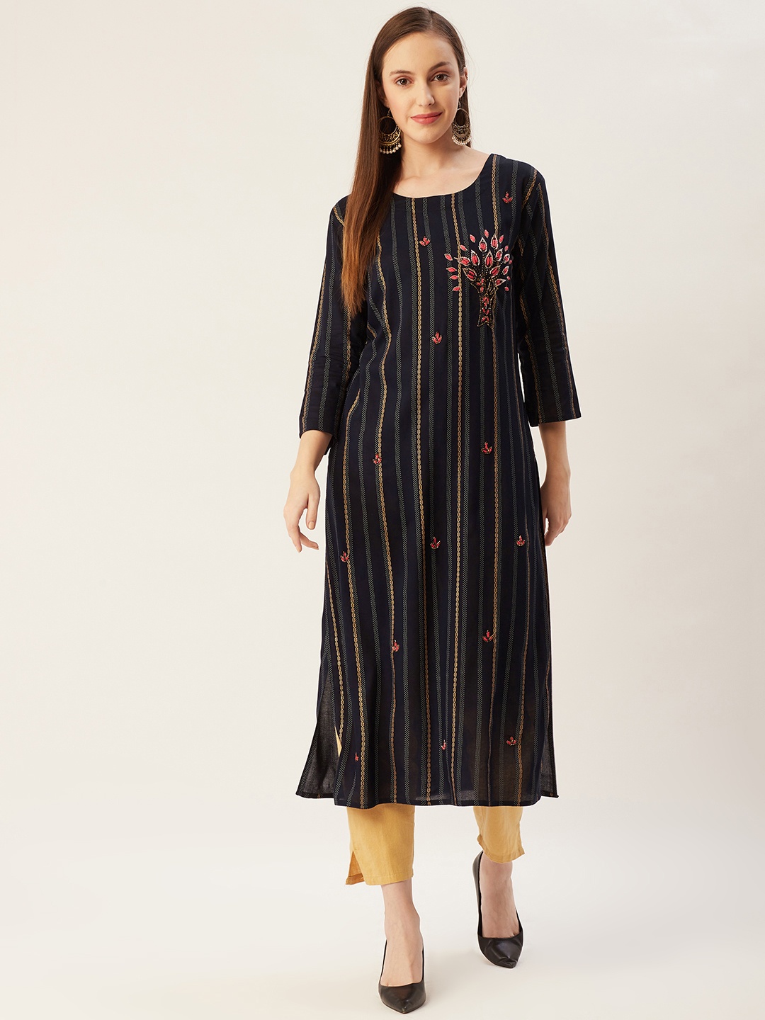 

FASHOR Women Black & Peach-Coloured Embroidered Straight Kurta