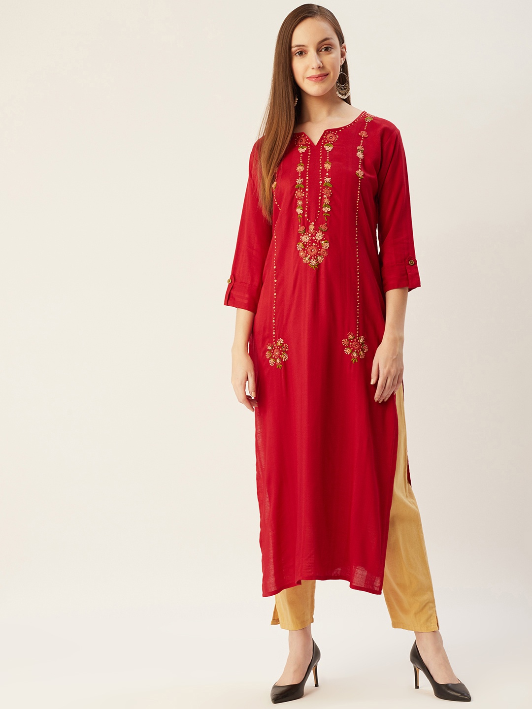 

FASHOR Women Red Ethnic Motifs Yoke Design Kurta