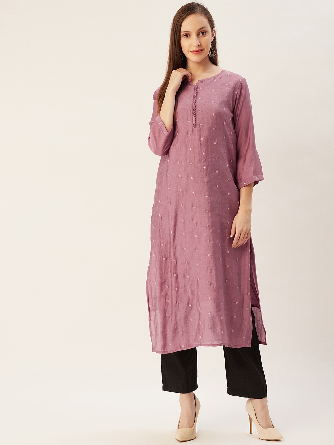

FASHOR Women Mauve Geometric Embroidered Thread Work Kurta