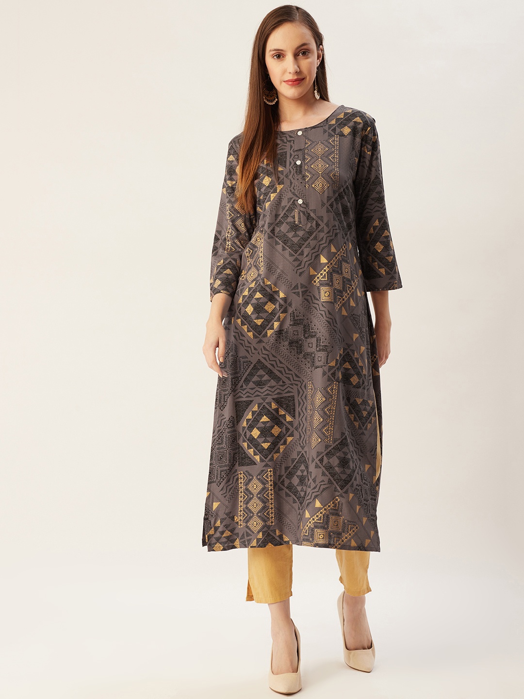 

FASHOR Women Brown & Black Geometric Printed Kurta