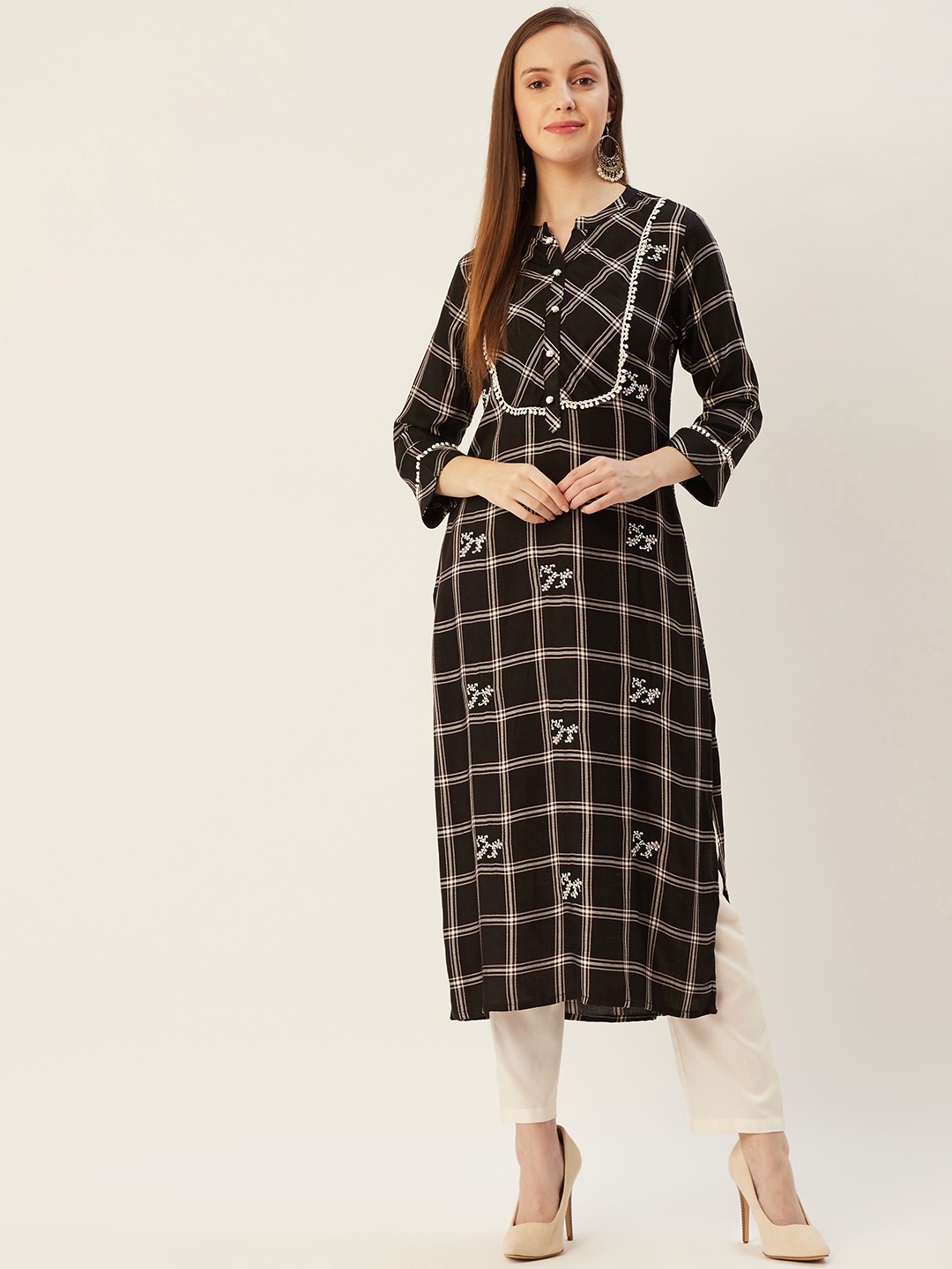 

FASHOR Women Black & White Checked Printed Kurta