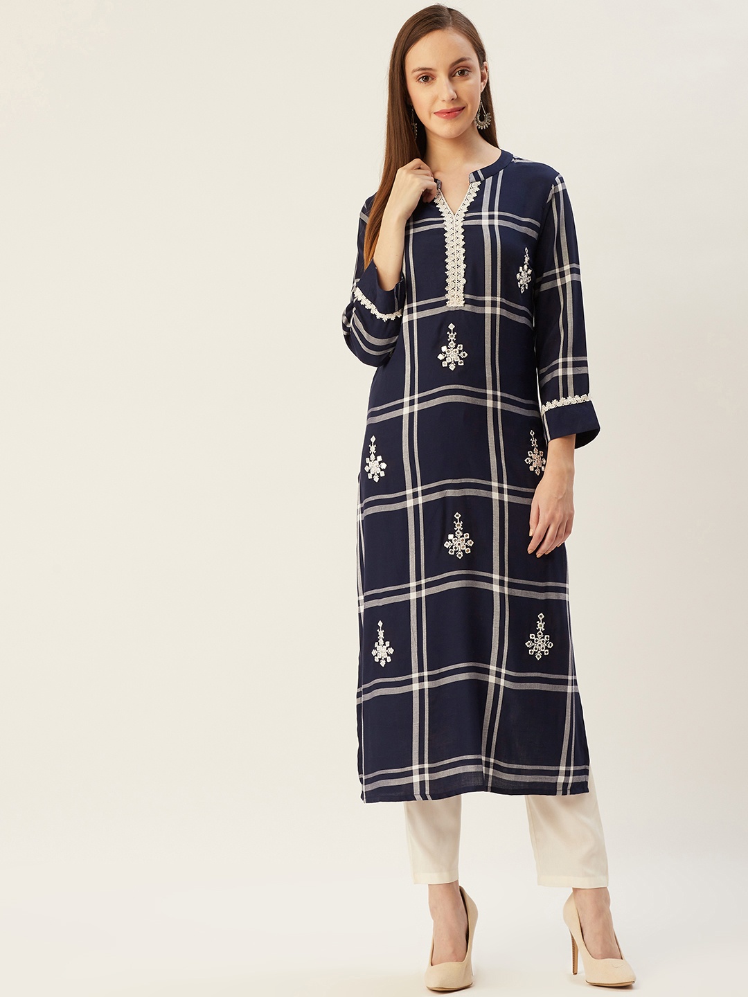 

FASHOR Women Navy Blue & White Checked Embroidered Kurta
