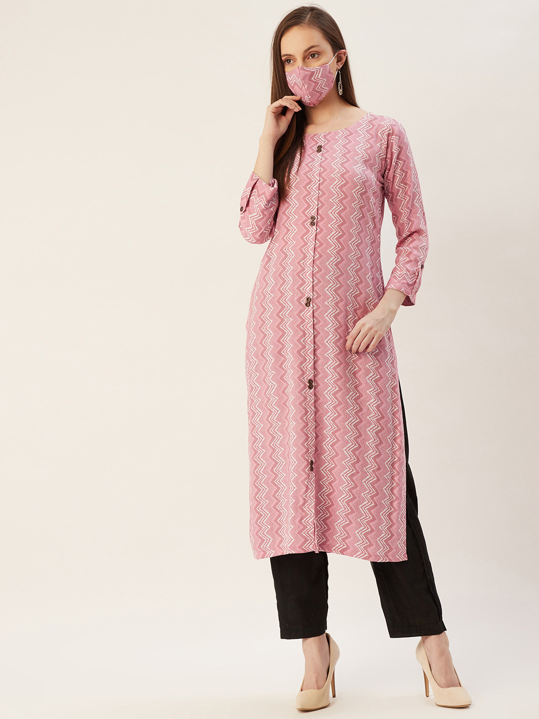 

FASHOR Women Pink & White Ethnic Motifs Printed Kurta