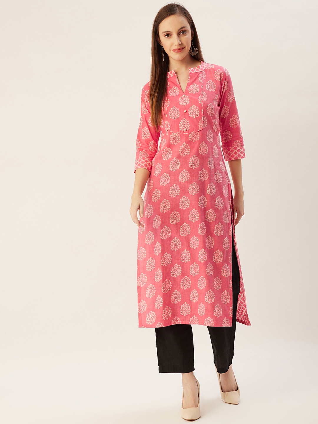 

FASHOR Women Pink & Off White Ethnic Motifs Khari Print Kurta