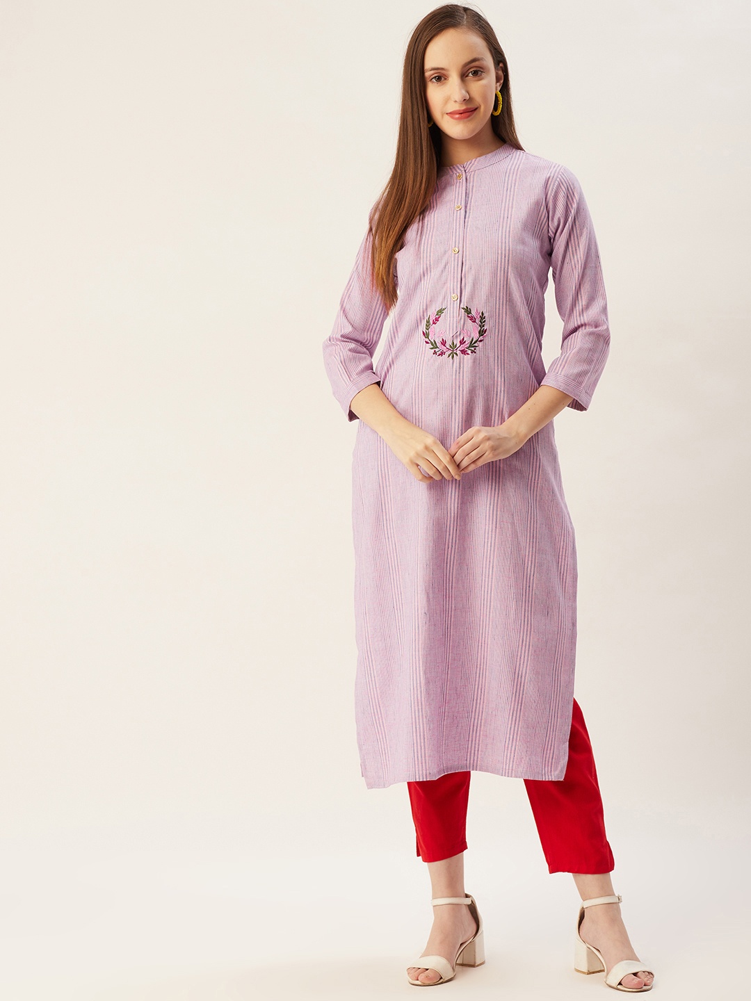 

FASHOR Women Lavender Striped Thread Work Kurta