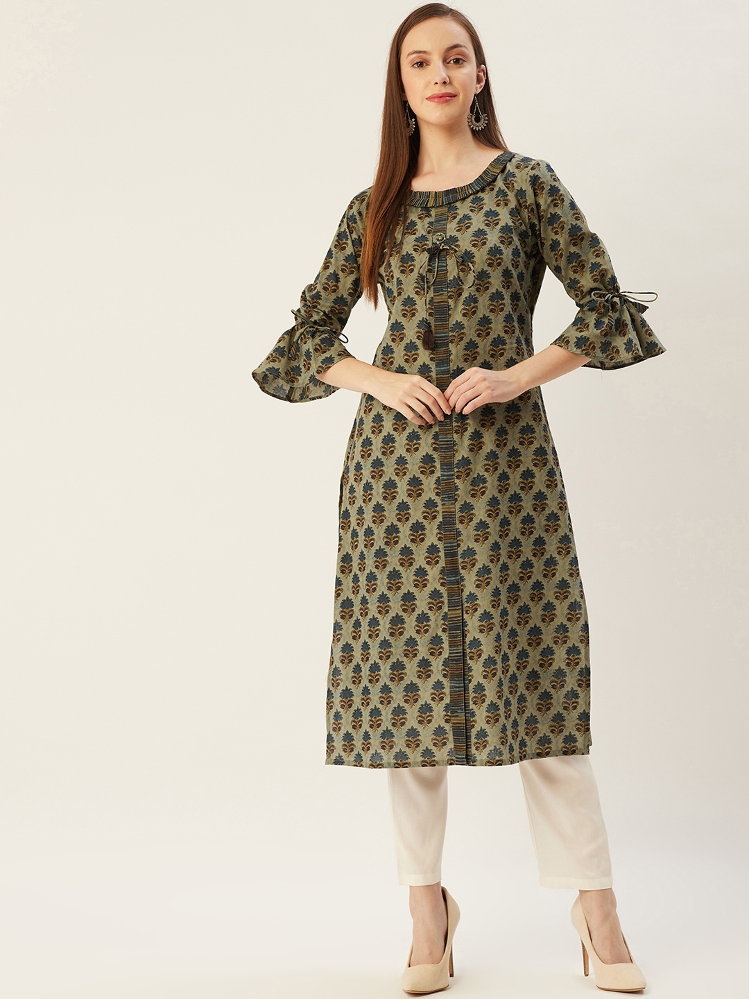 

FASHOR Women Brown & Teal Blue Ethnic Motifs Printed Pure Cotton Kurta