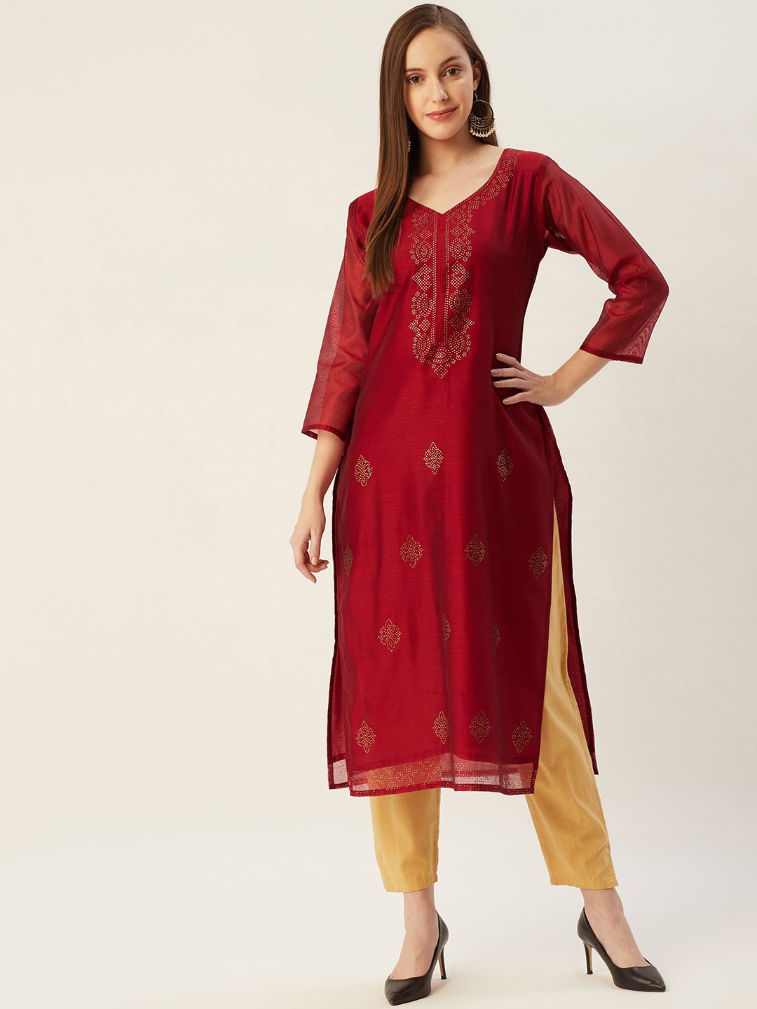 

FASHOR Women Maroon Ethnic Motifs Embellished Kurta