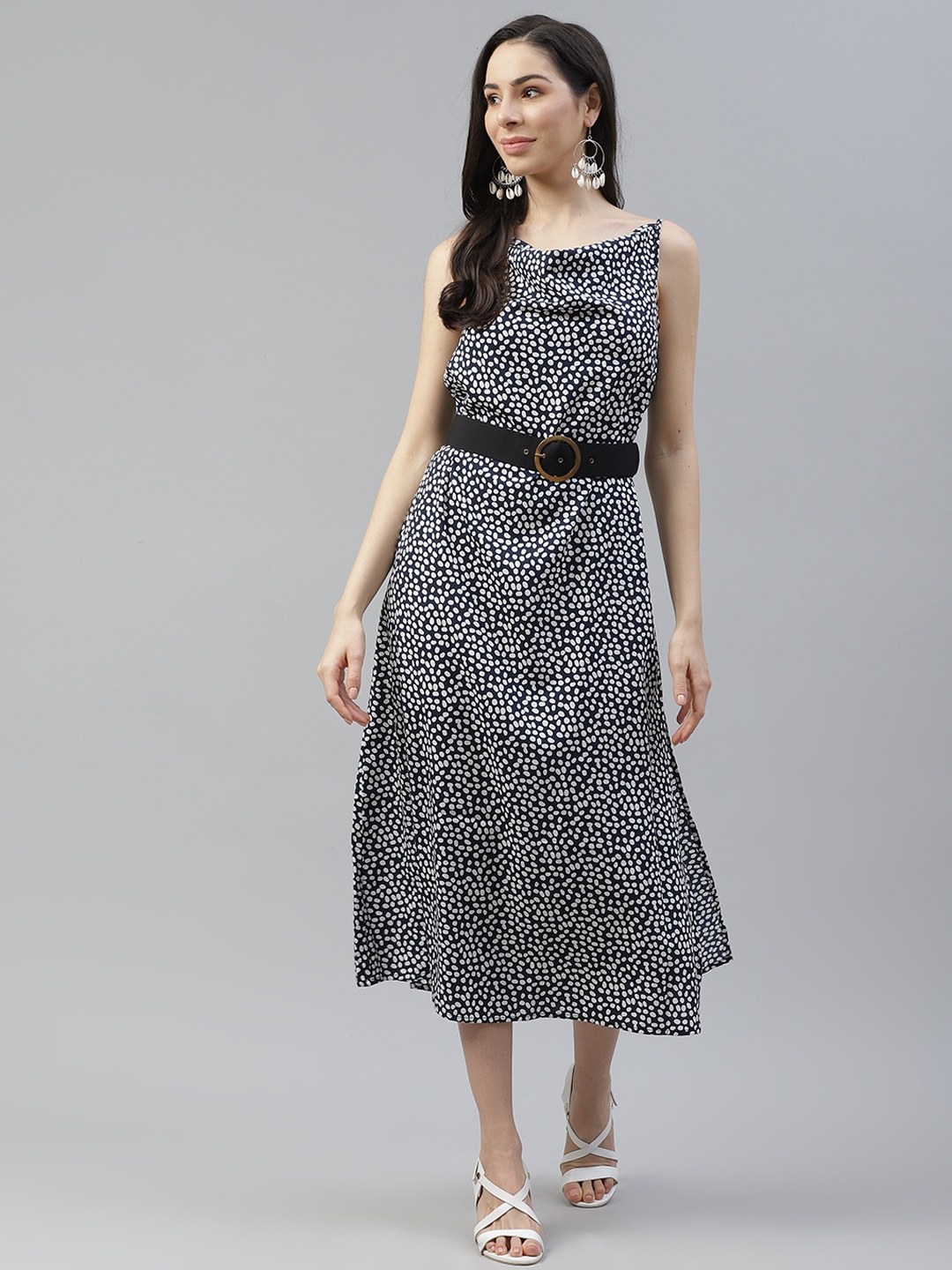 

plusS Navy Blue & White Cowl Neck A-Line Midi Dress