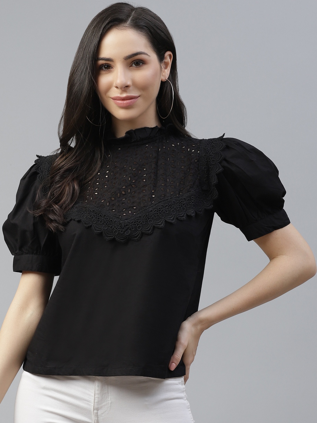 

plusS Black Floral Embroidered Puff Sleeve Schiffli Regular Top