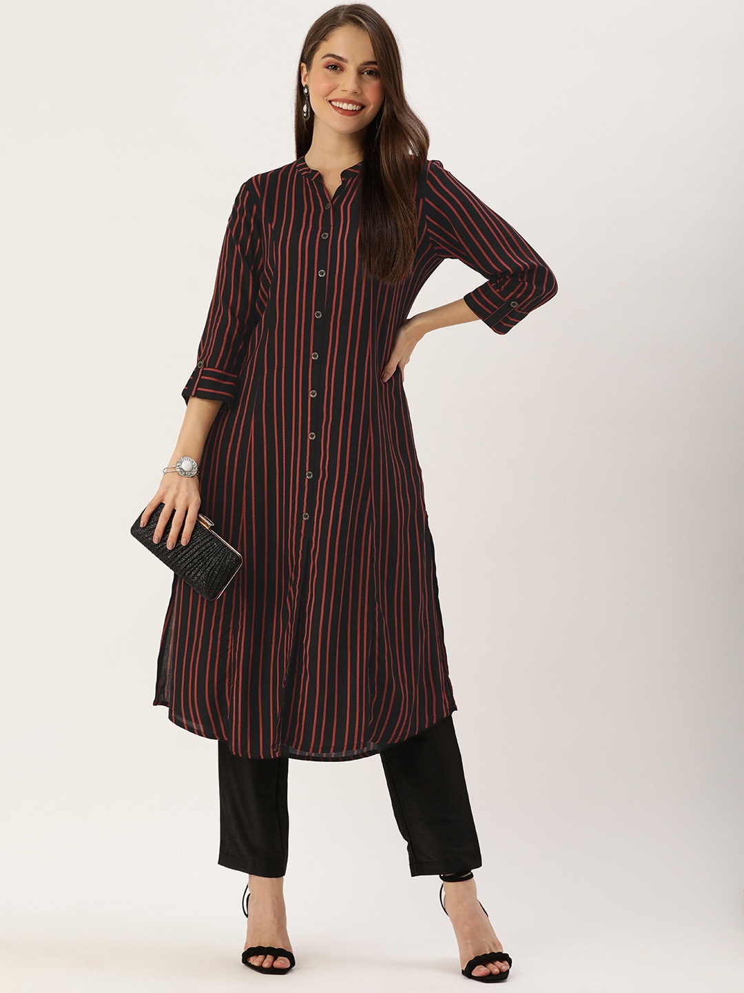 

AMUKTI Women Black & Red Striped Kurta