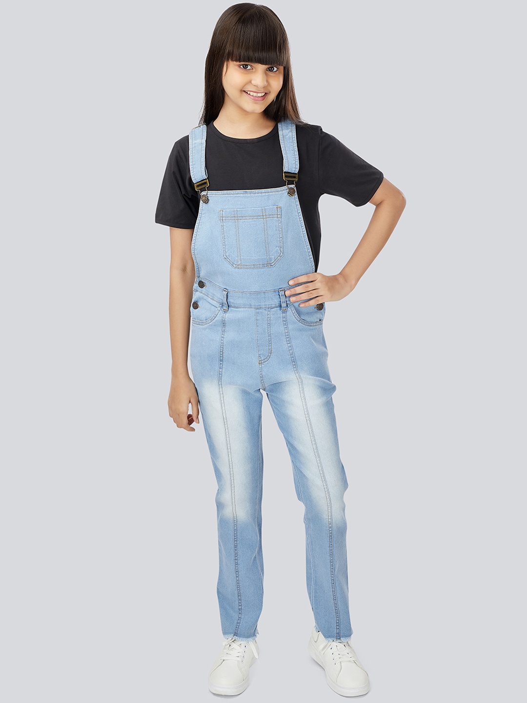 

Olele Girls Blue Solid Cotton Denim Dungarees