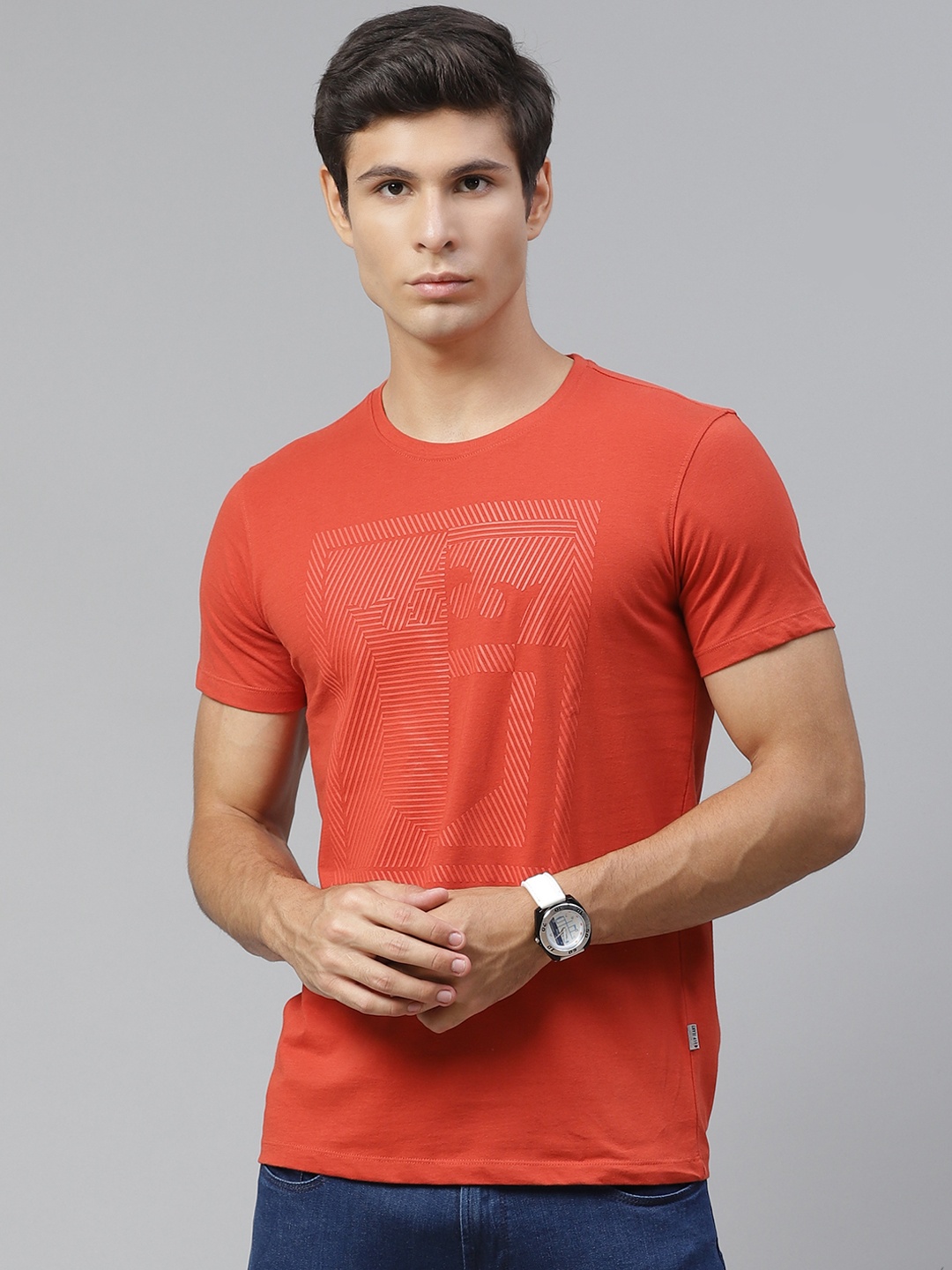 

Louis Philippe Jeans Men Orange Printed Pure Cotton T-shirt