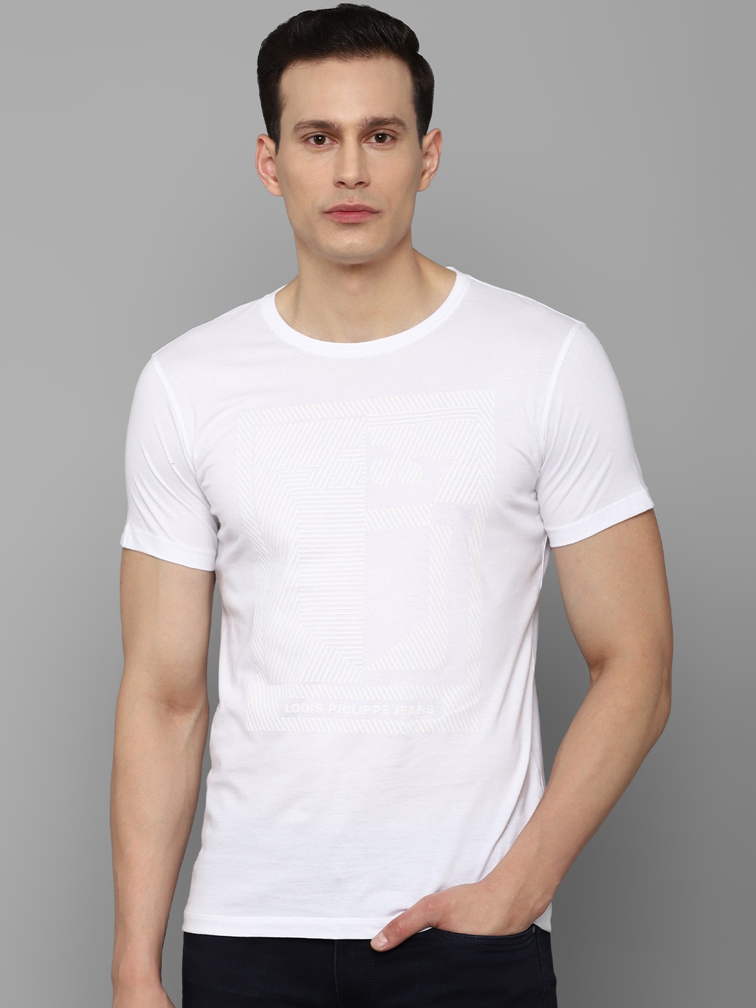 

Louis Philippe Jeans Men White Printed Round Neck Pure Cotton T-shirt
