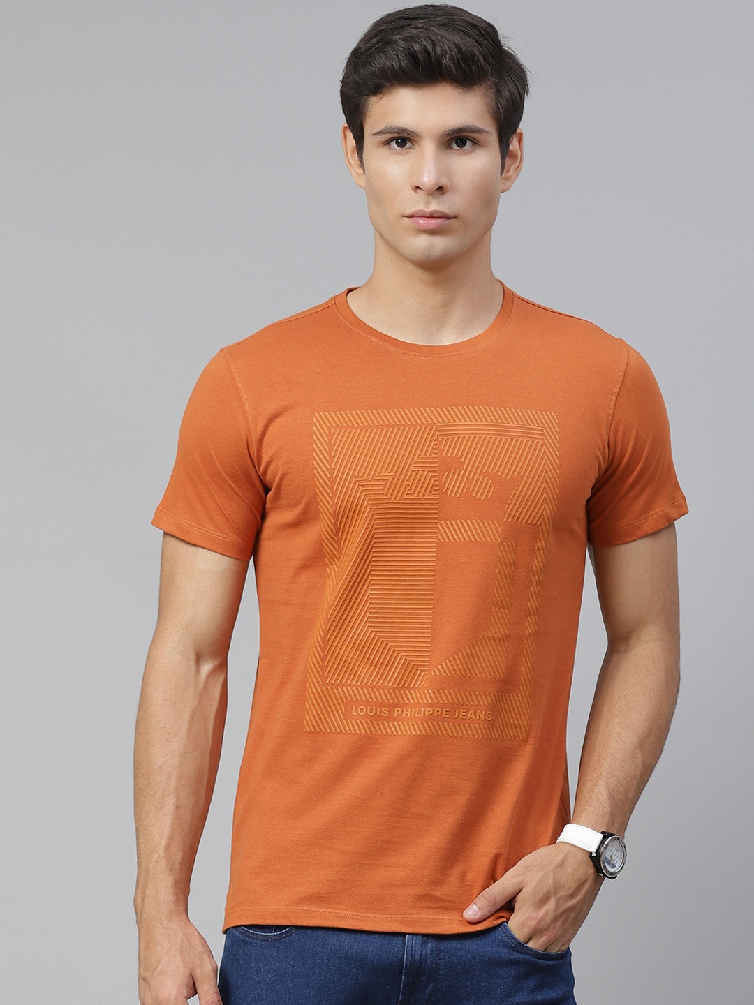 

Louis Philippe Jeans Men Rust Orange Pure Cotton Brand Logo Printed T-shirt