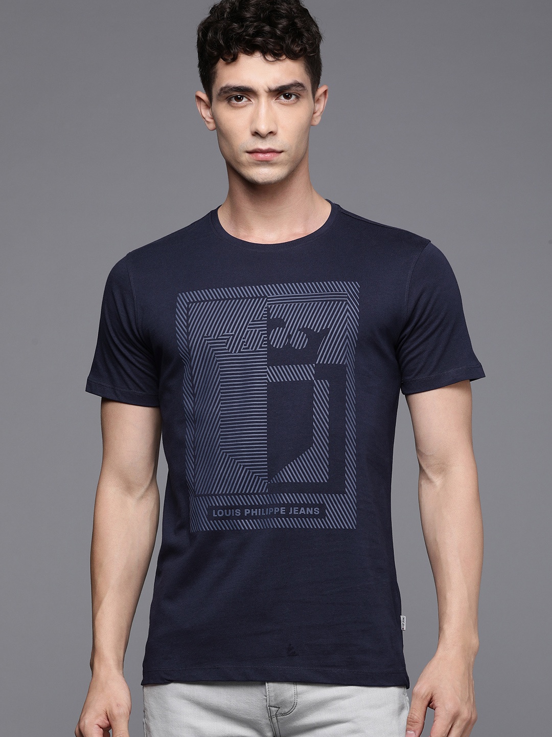 

Louis Philippe Jeans Men Navy Blue Printed Cotton Pure Cotton T-shirt