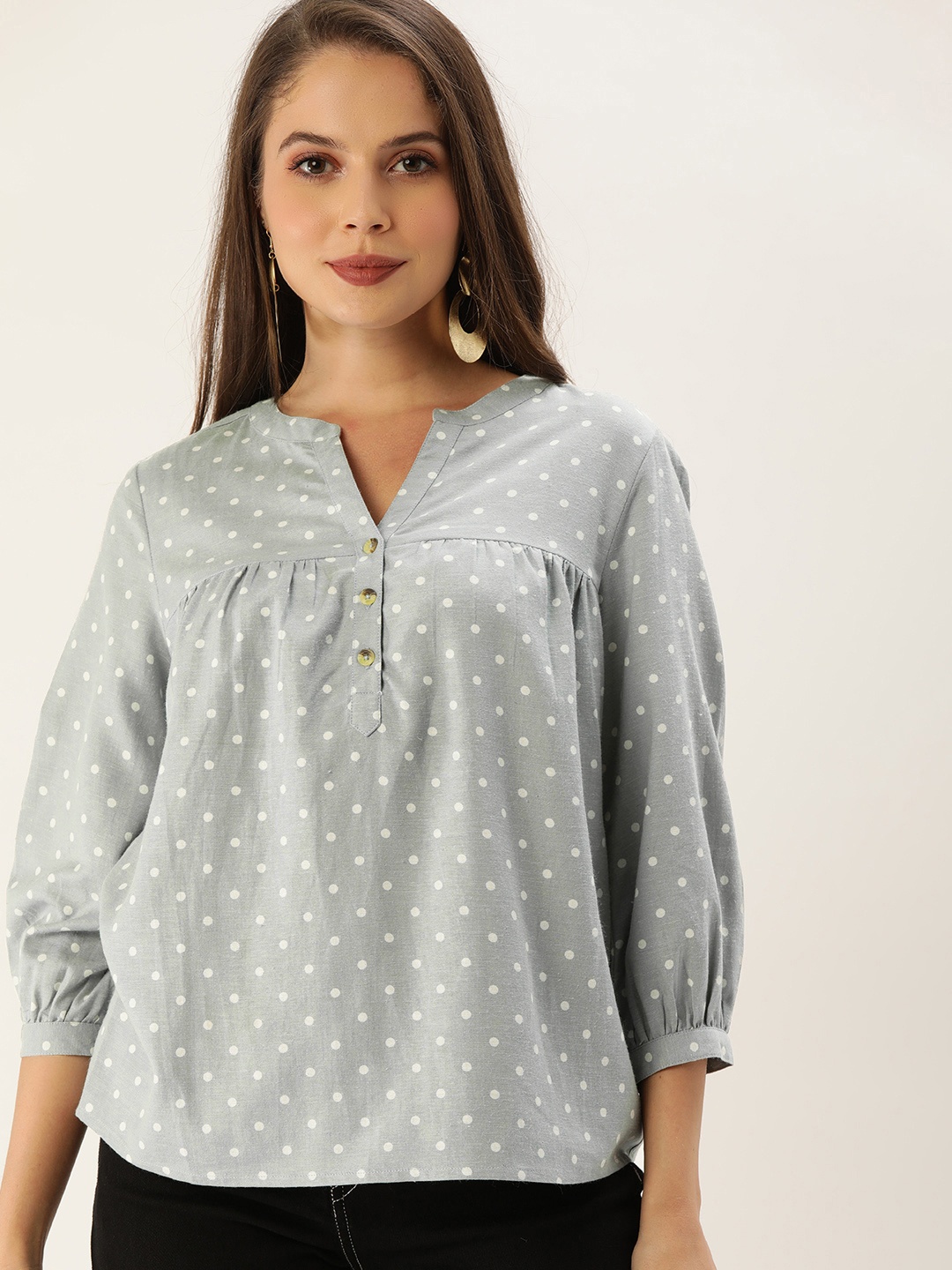 

all about you Grey & White Polka Dot Mandarin Collar Puff Sleeve Regular Top