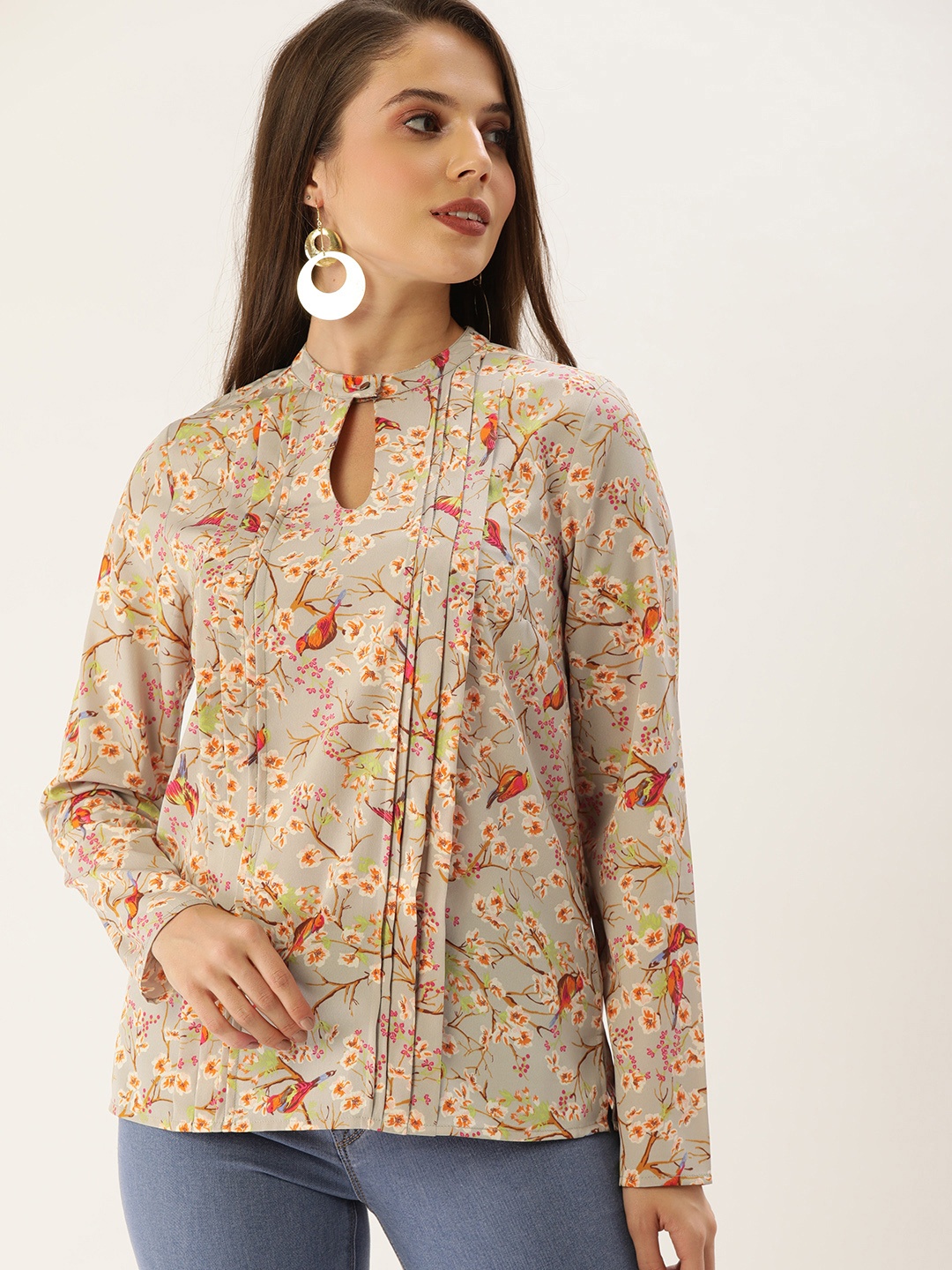 

all about you Grey & Orange Floral Pintuck Regular Top