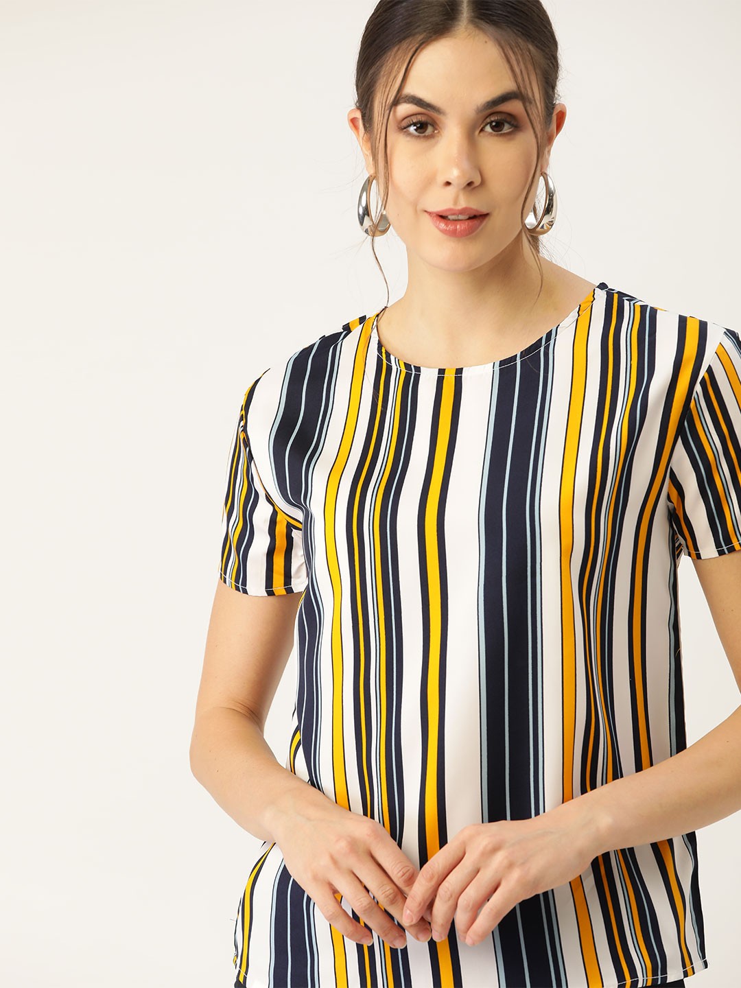 

all about you Women Off White & Navy Blue Striped Regular Top