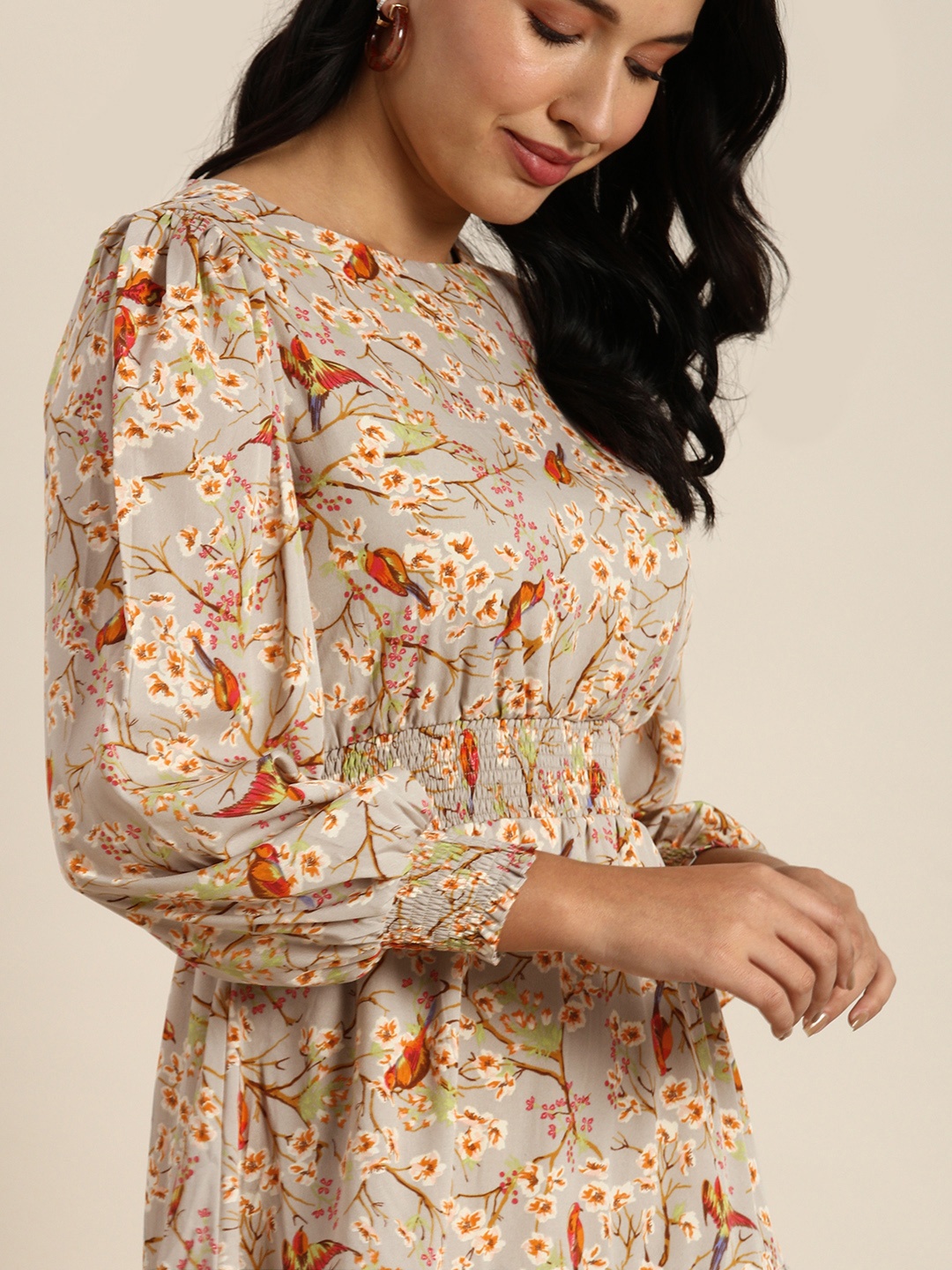 

all about you Grey & Orange Floral Printed Gathered Fit and Flare Dress