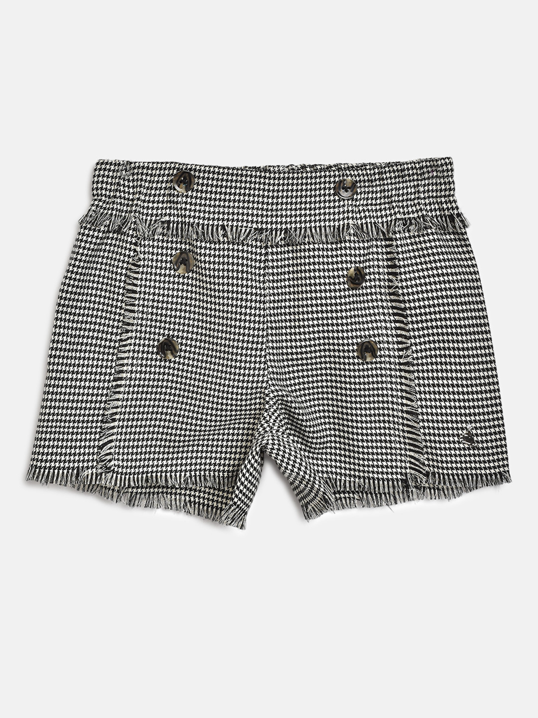

Cherry Crumble Girls Black & White Houndstooth Patterned Cotton Shorts with Fringed Detail