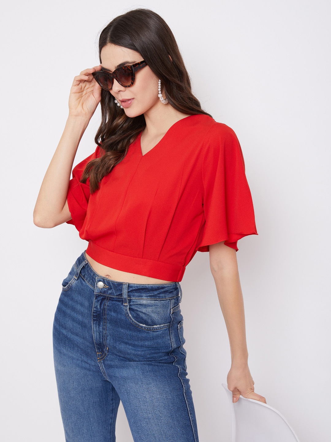 

Uptownie Lite Red Puff Sleeves Crepe Blouson Crop Top