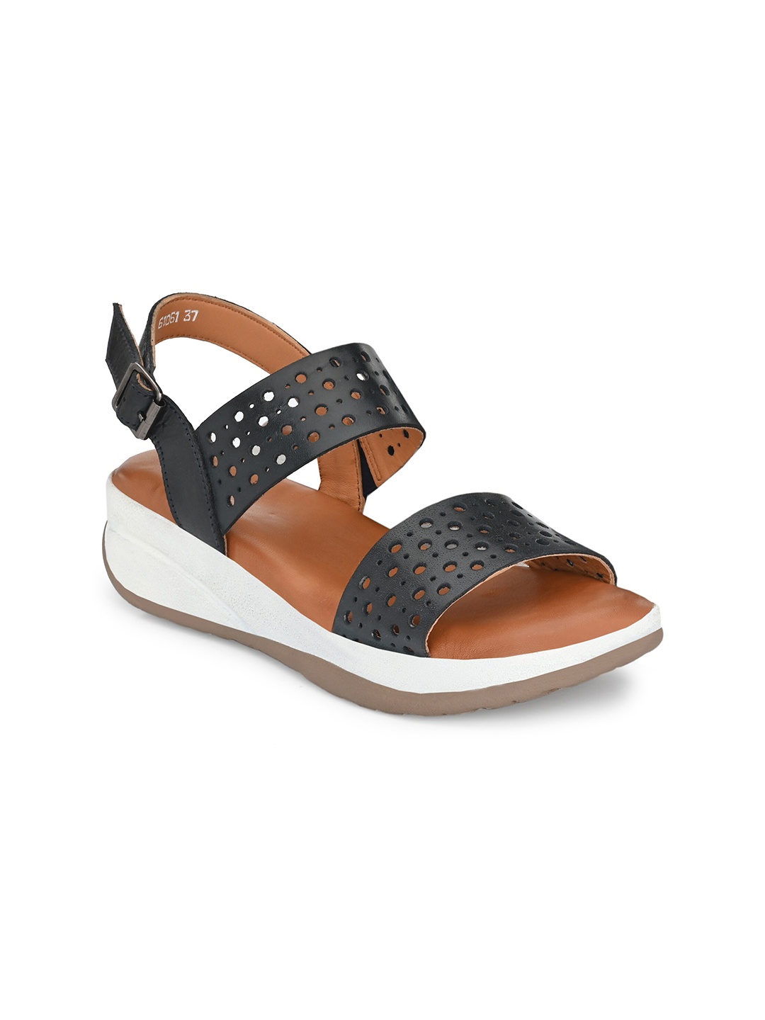 

Delize Women Black Leather Laser Cut Flatform Heels