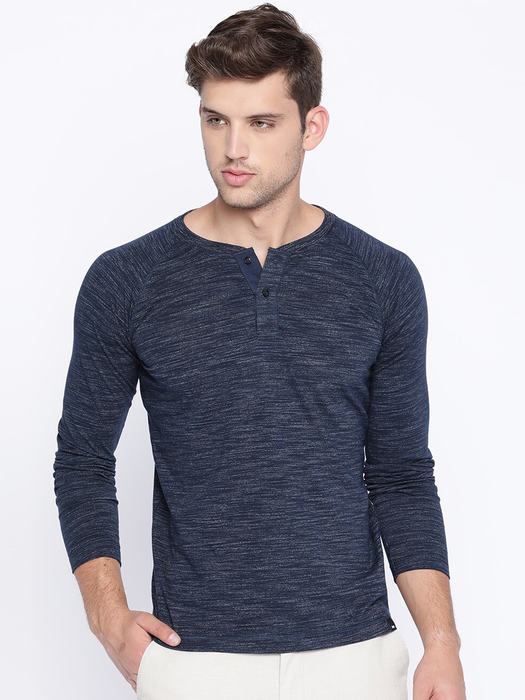 

Basics Men Navy Blue Self Design Henley Neck T-shirt