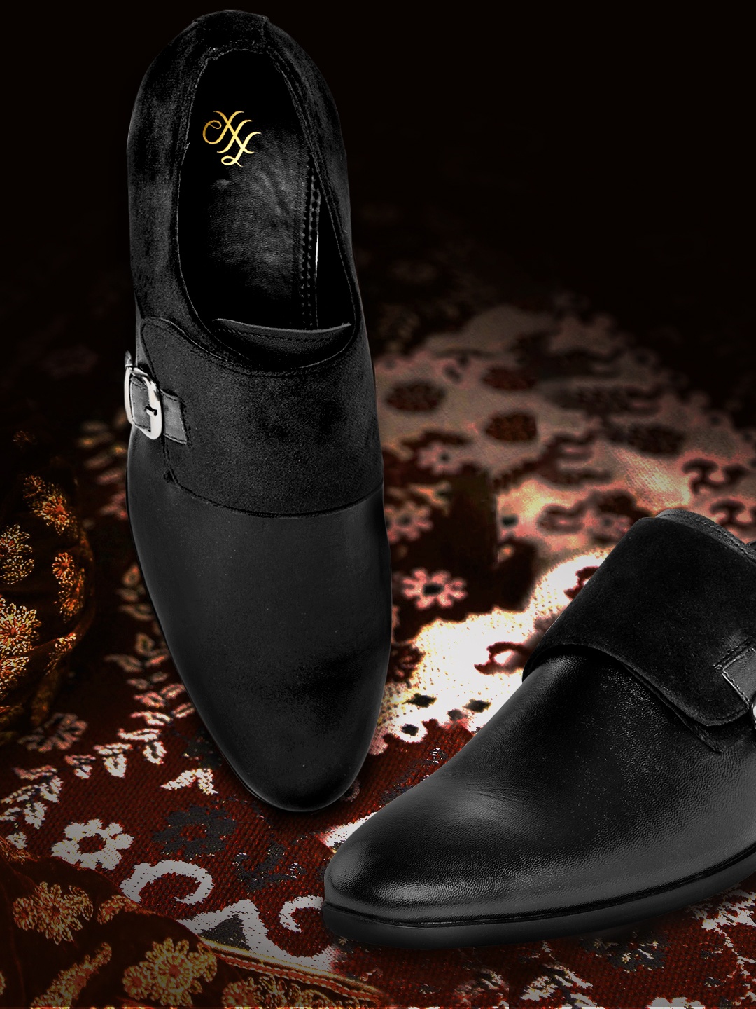 

House of Pataudi Men Black Solid Handcrafted Formal Monk Shoes with Pouch & Suede Finish