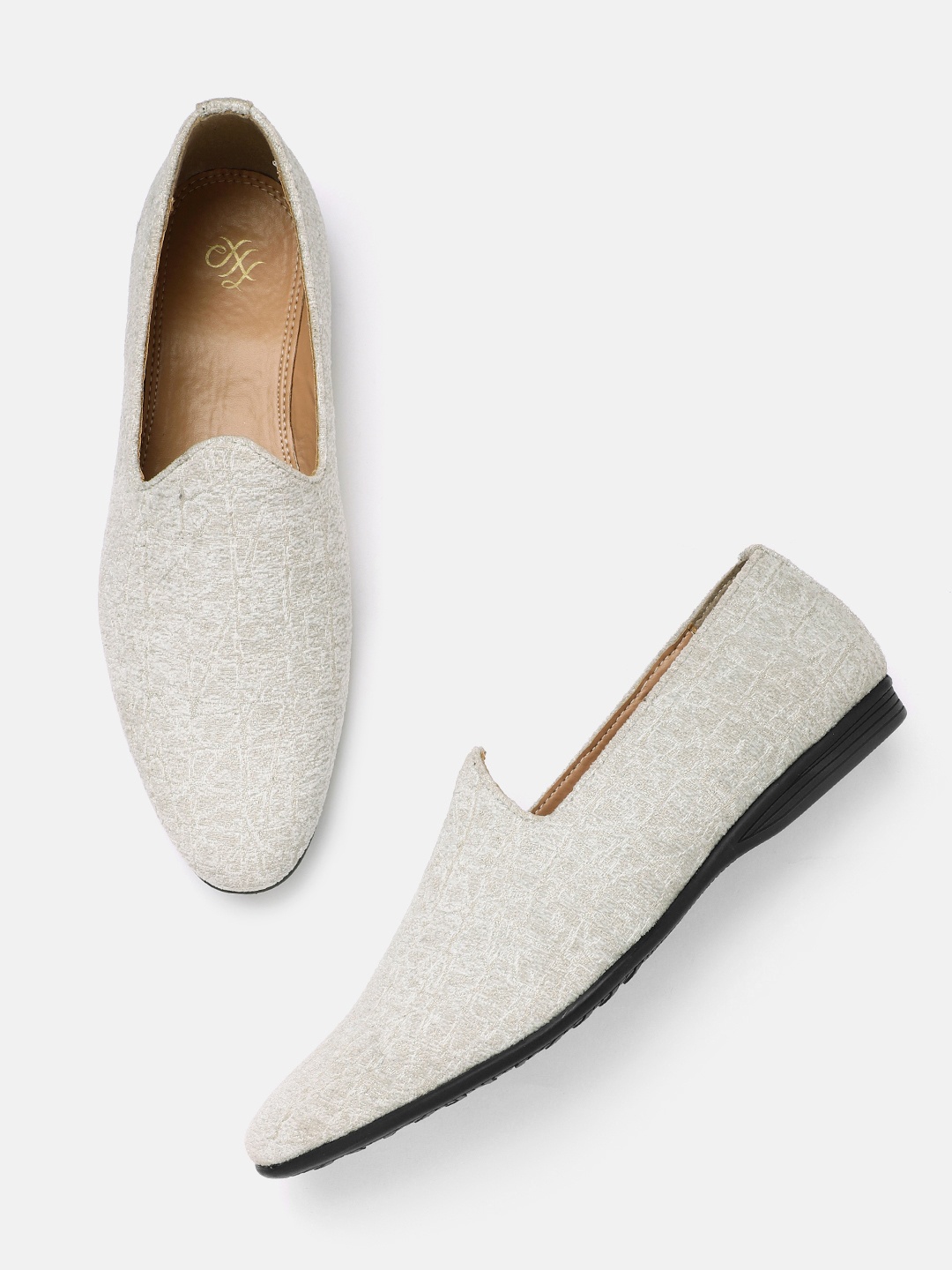 

House of Pataudi Men Off-White Textured Glitter Detail Handcrafted Slip-Ons