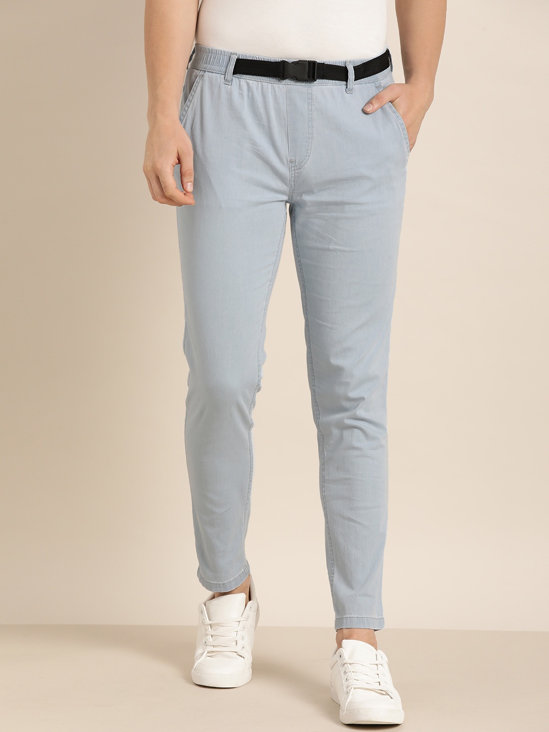 

ether Men Blue Tapered Fit Stretchable Jeans with Attached Belt
