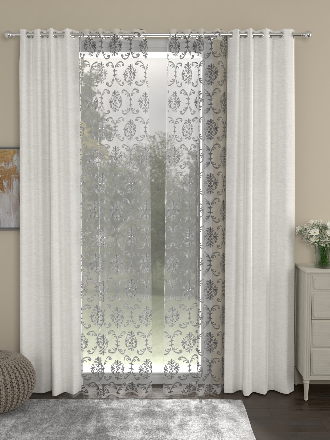 

ROSARA HOME White & Cream-Coloured Set of 4 Room Darkening Long Door Curtains