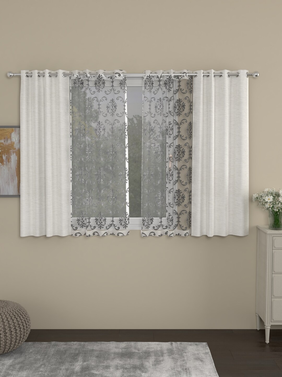 

ROSARA HOME Off-White & Grey Set of 4 Window Curtains