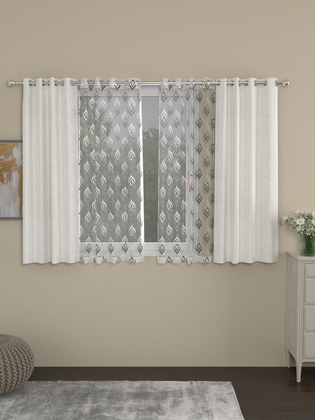 

ROSARA HOME Grey & Cream-Coloured Set of 4 Window Room Darkening Curtains