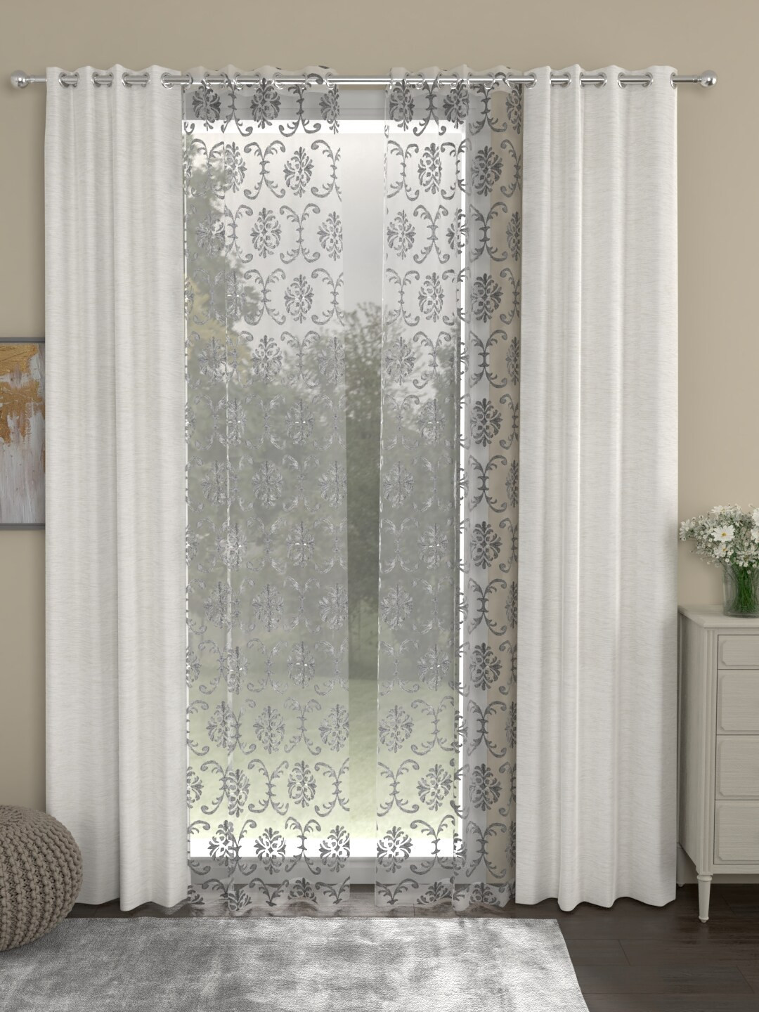 

ROSARA HOME Off-White & Grey Set of 4 Door Curtains