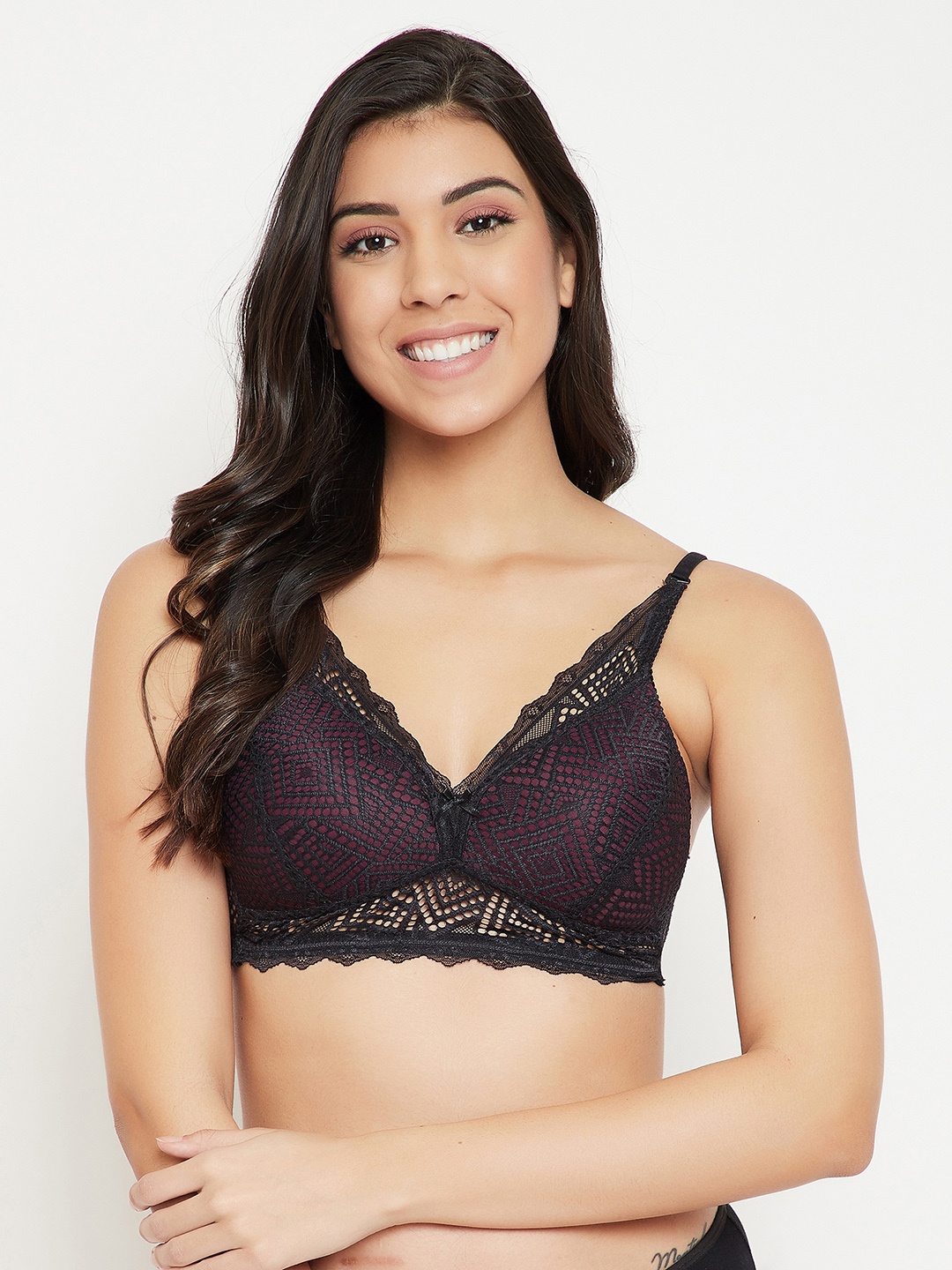 

Clovia Black & Purple Geometric Bralette Bra Half Coverage Lightly Padded