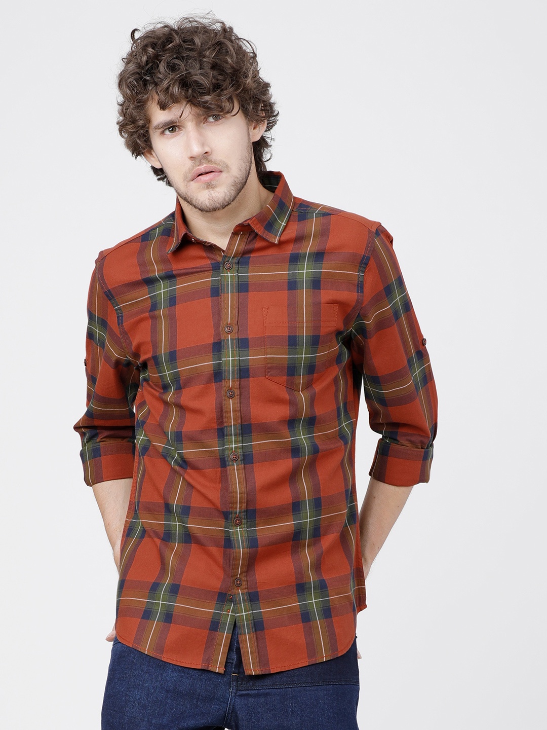 

LOCOMOTIVE Men Rust Red Slim Fit Striped Casual Shirt