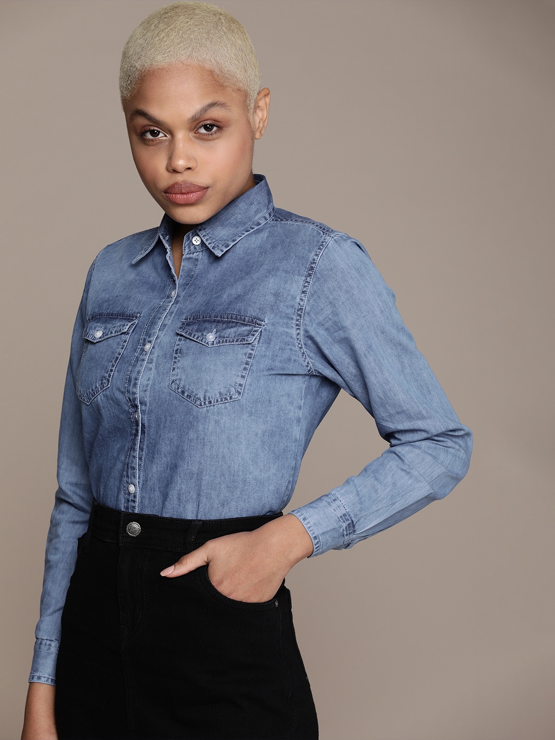 

High Star Women Blue Regular Fit Faded Casual Denim Shirt