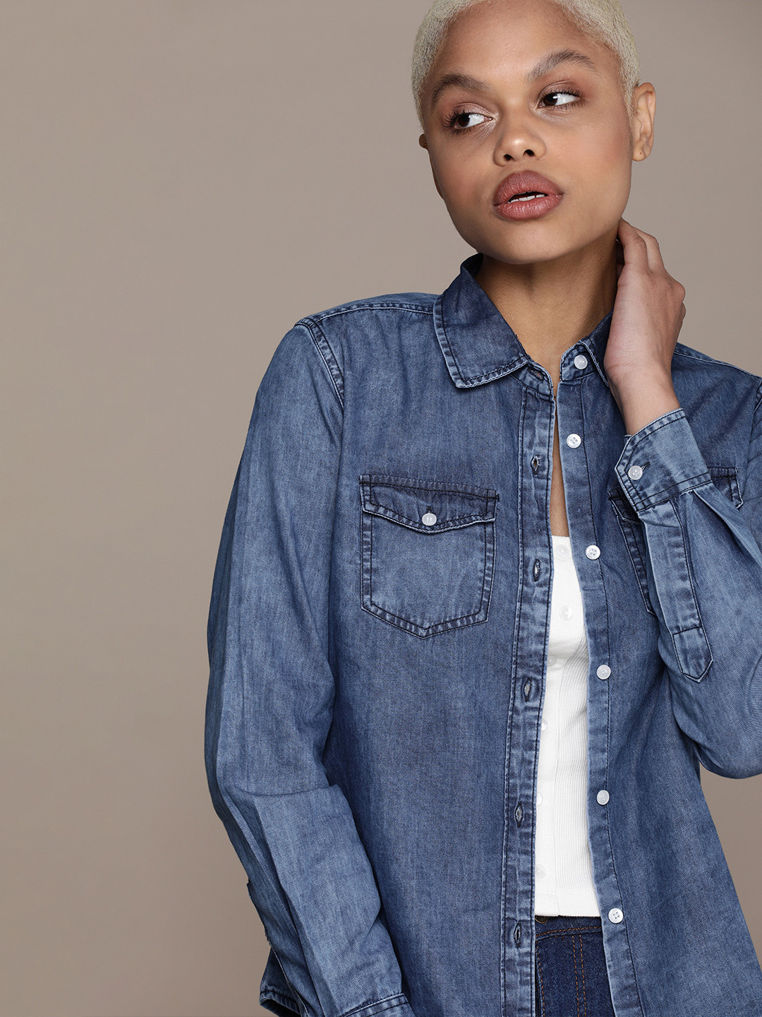 

High Star Women Blue Regular Fit Faded Denim Casual Shirt