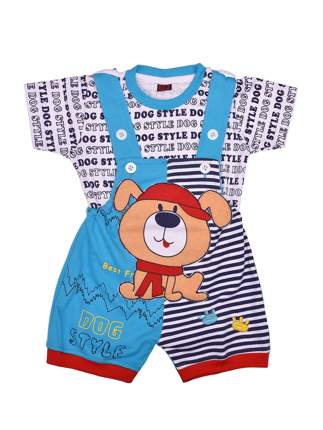 

BORN WEAR Unisex Kids White & Blue Printed Cotton T-shirt with Dungaree Shorts