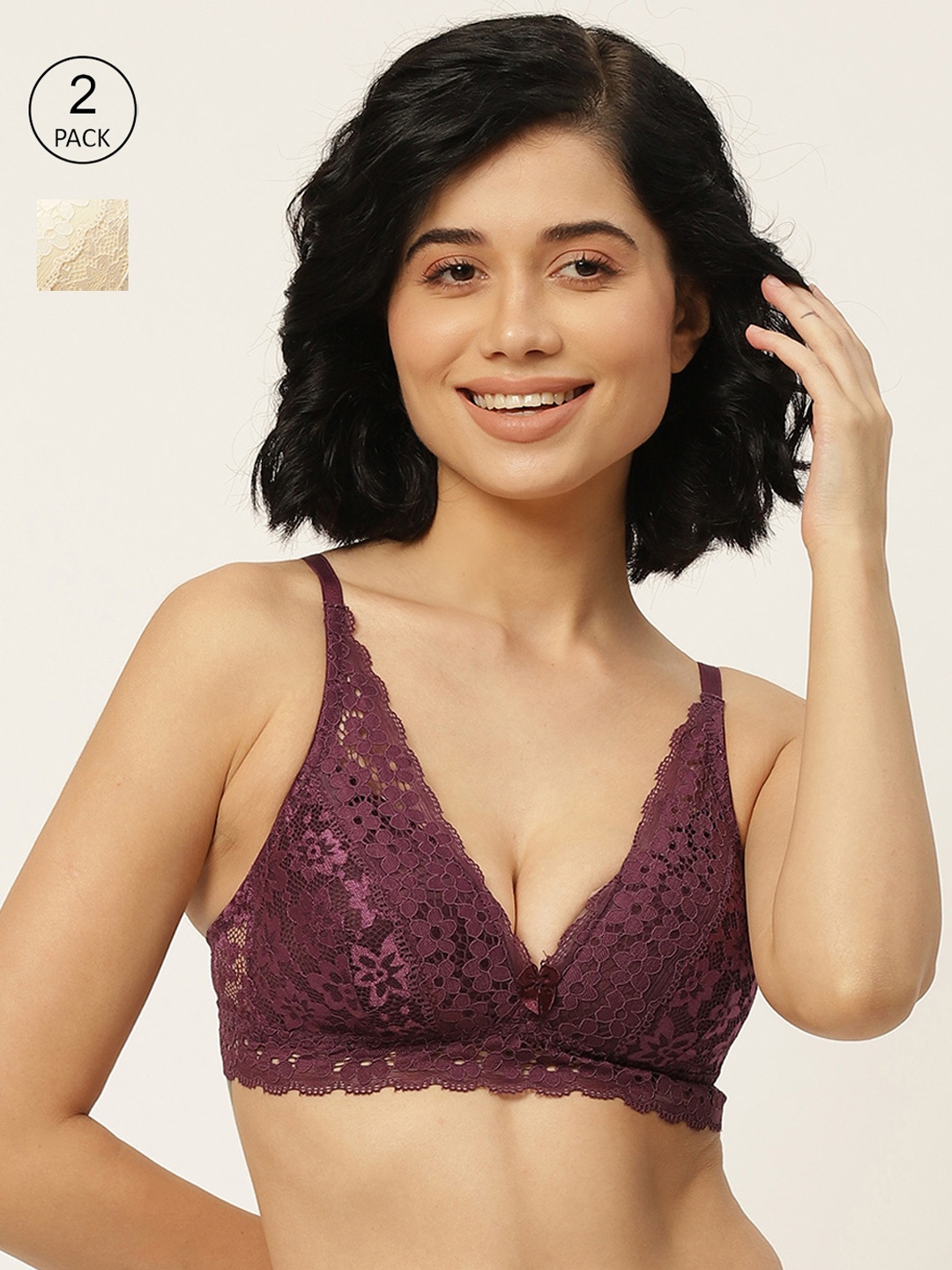

DressBerry Pack Of 2 Floral Lace Full Coverage Bralette Bras 12461082, Burgundy
