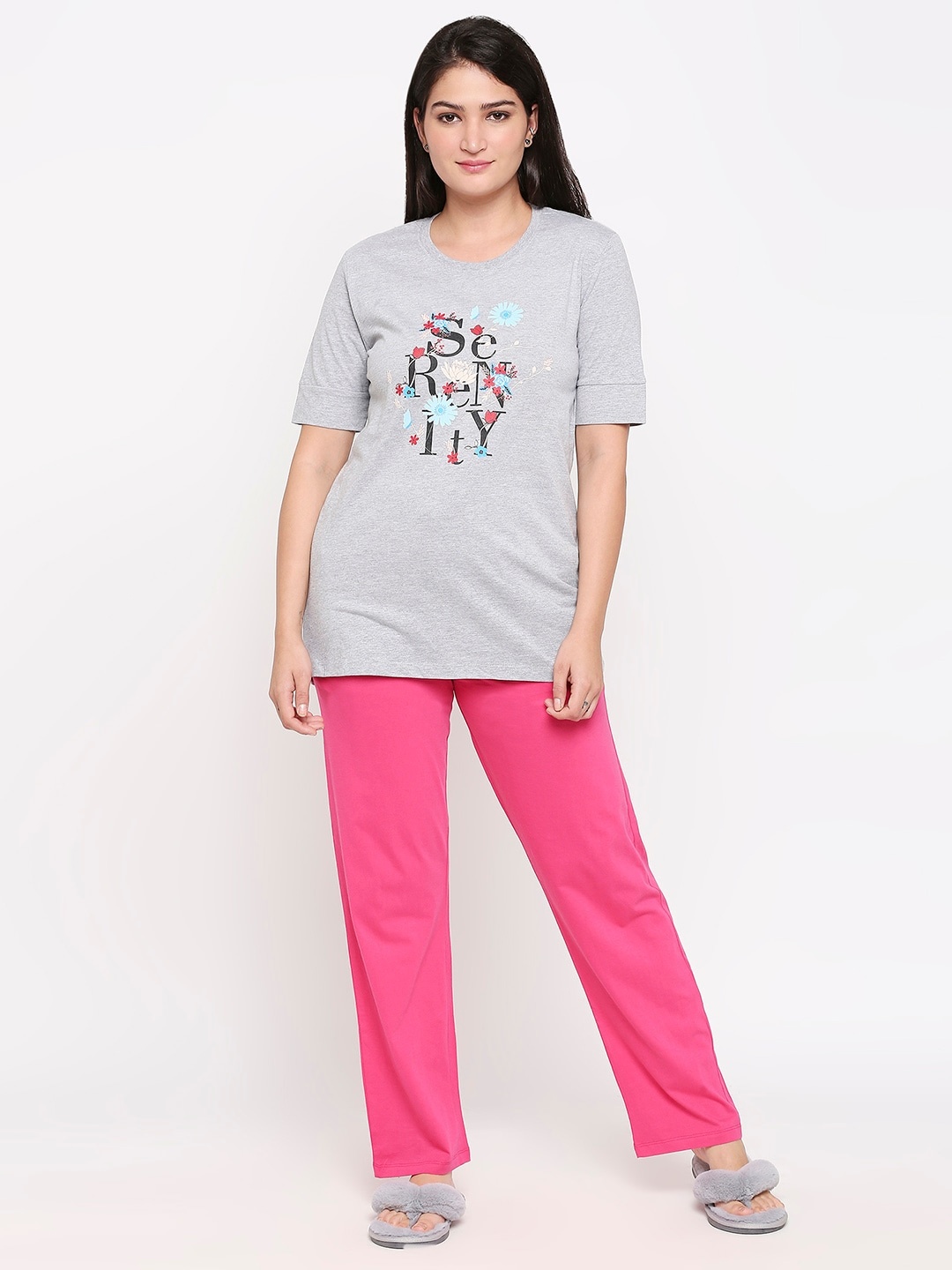 

XIN Women Grey & Pink Printed Night suit