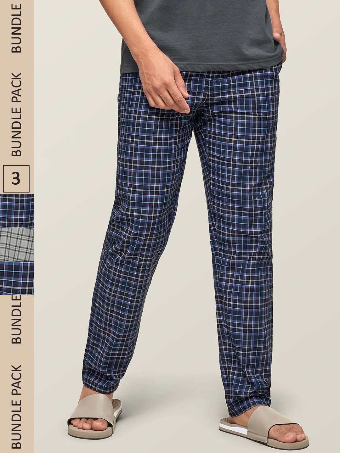 

XYXX Men Pack of 3 Checked Pure Cotton Antimicrobial Lounge Pants, Black
