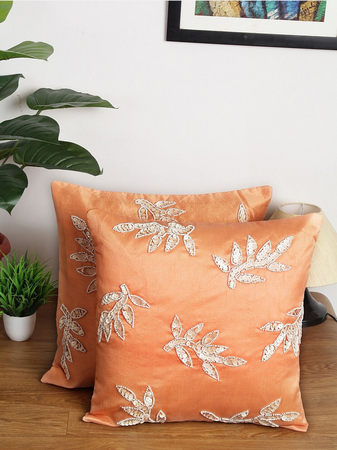 

Alina decor Peach-Coloured & White Set of 2 Ethnic Motifs Square Cushion Covers