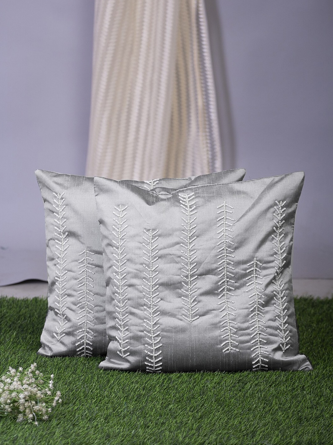 

Alina decor Grey & White Set of 2 Embellished Square Cushion Covers