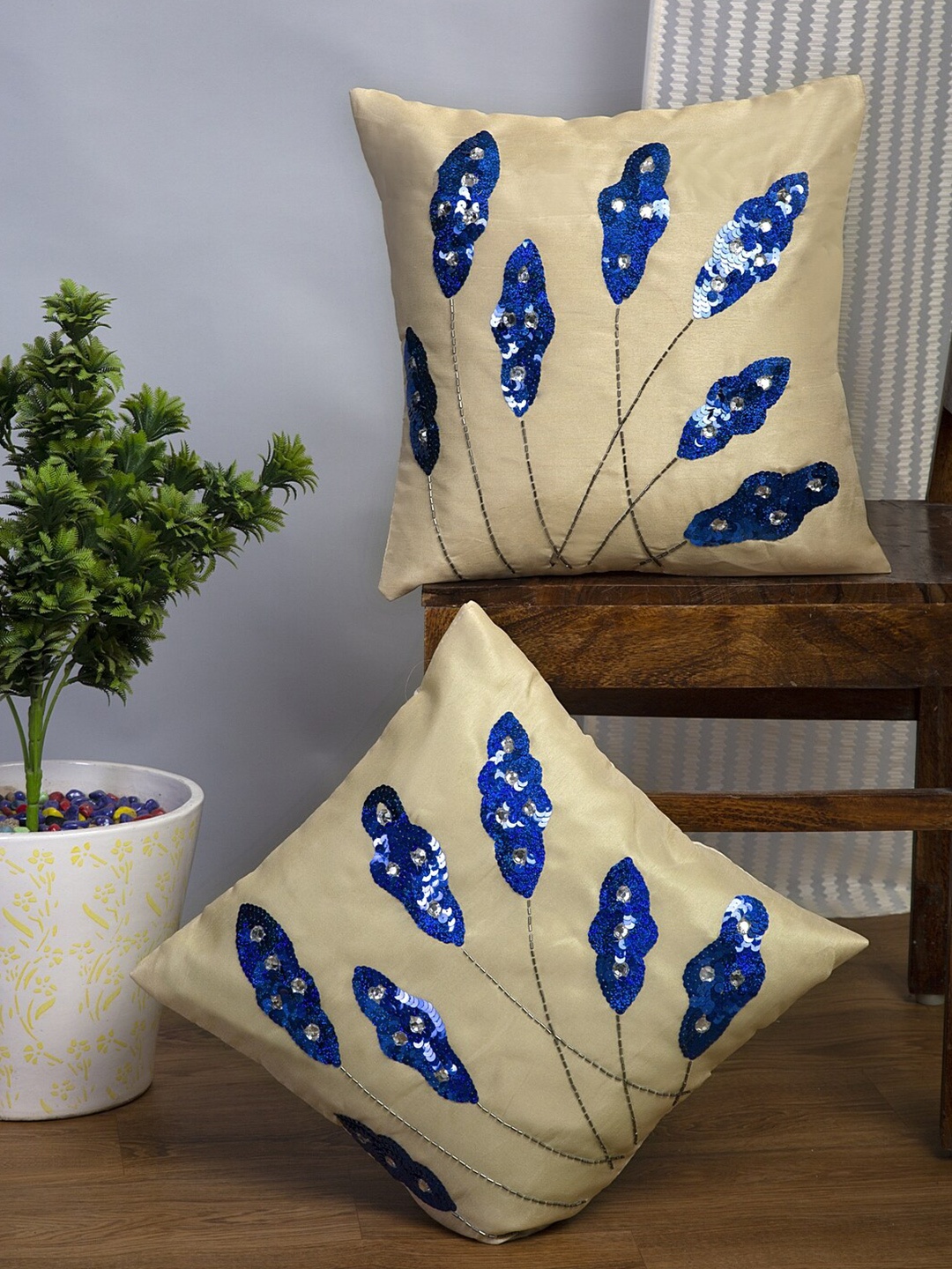 

Alina decor Beige & Blue Set of 2 Self Design Square Cushion Covers